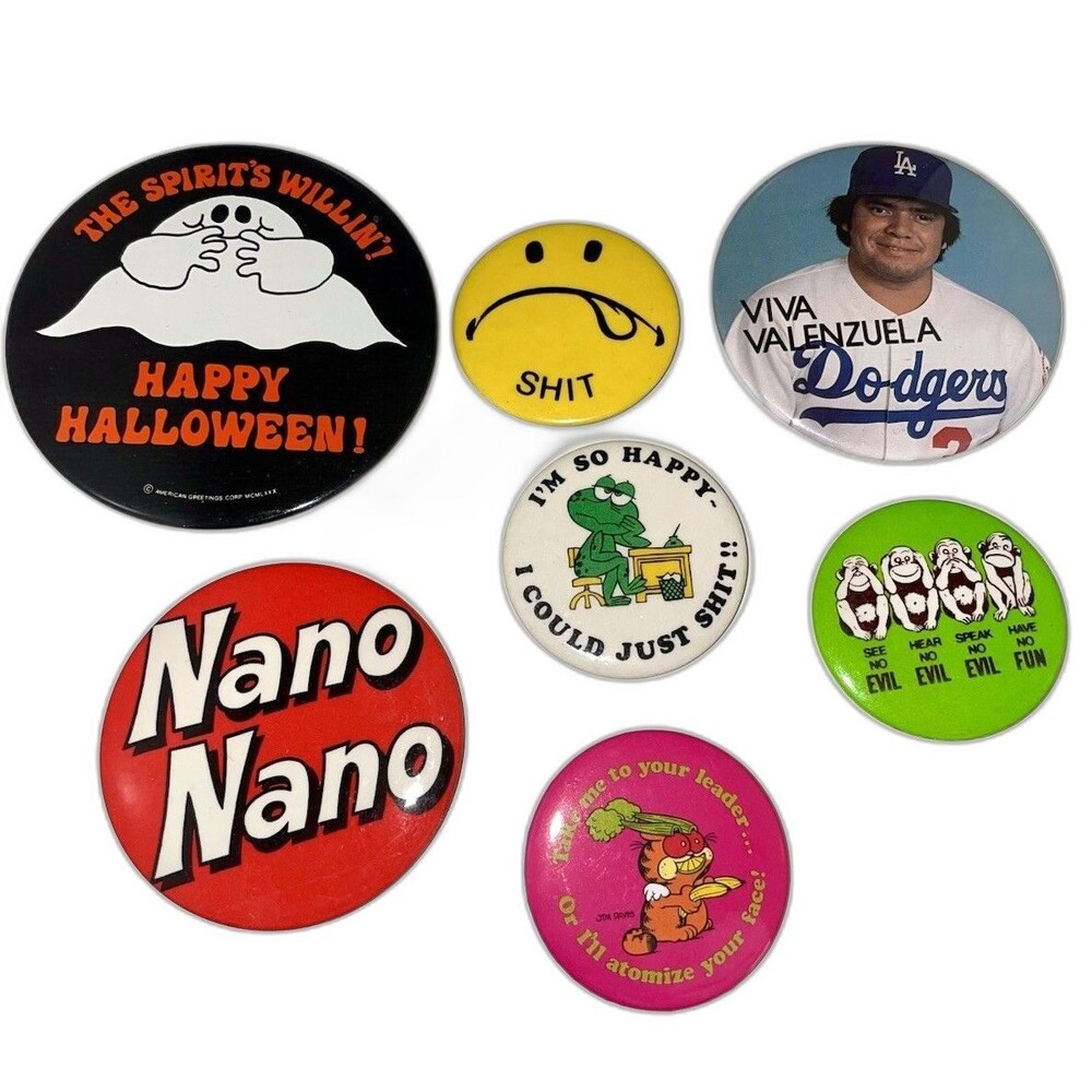 Vintage Pins Buttons Funny Sayings 70s 80sHalloween Mork Mindy Garfield Dodgers